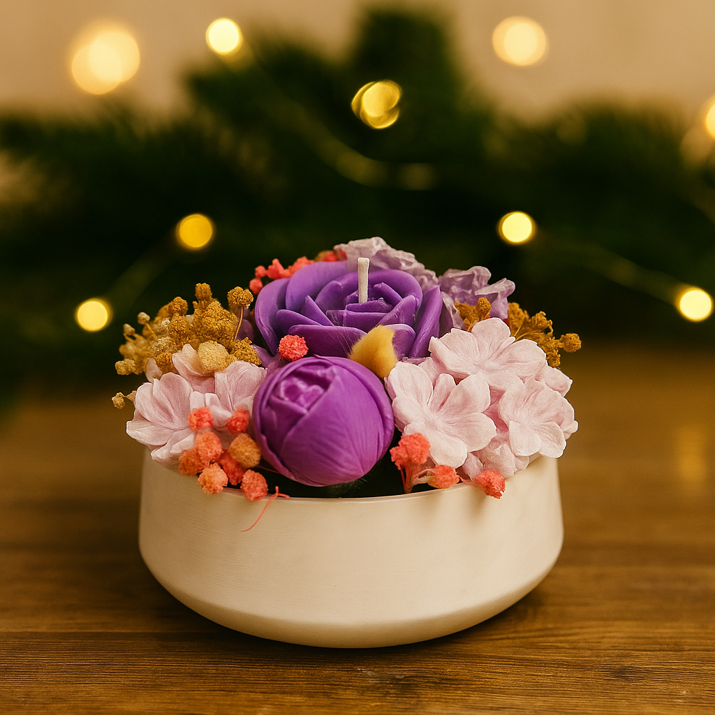 Blumen-Schalenkerze mit Duft & Trockenblumen