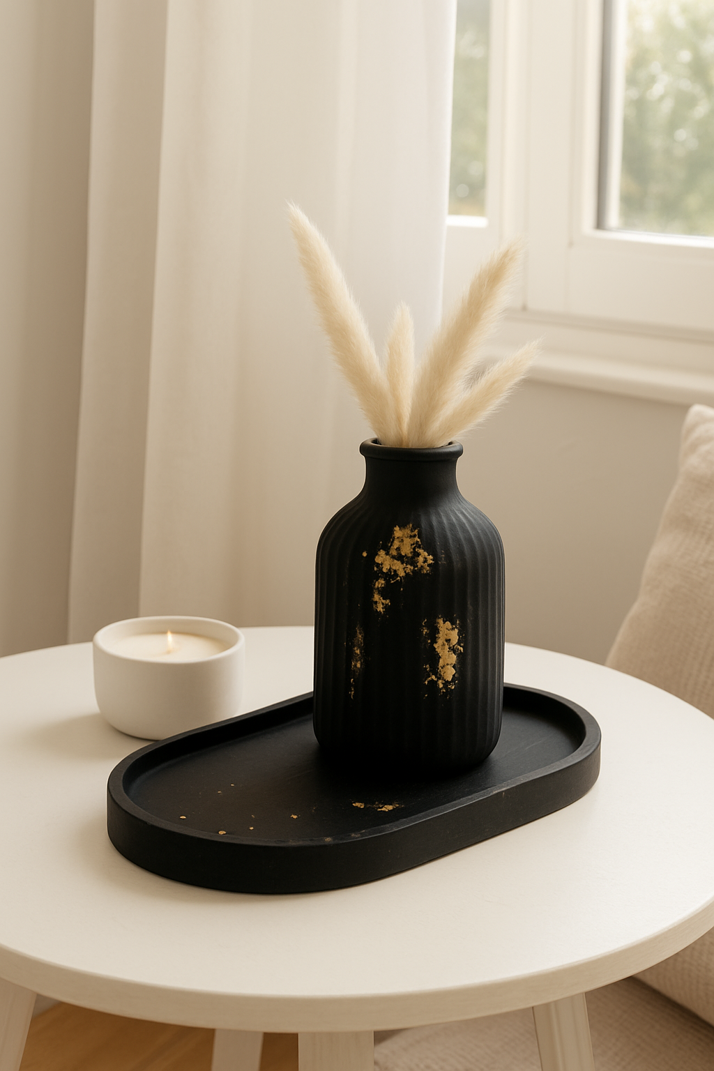 Minimalistische schwarze Vase mit Goldakzenten
