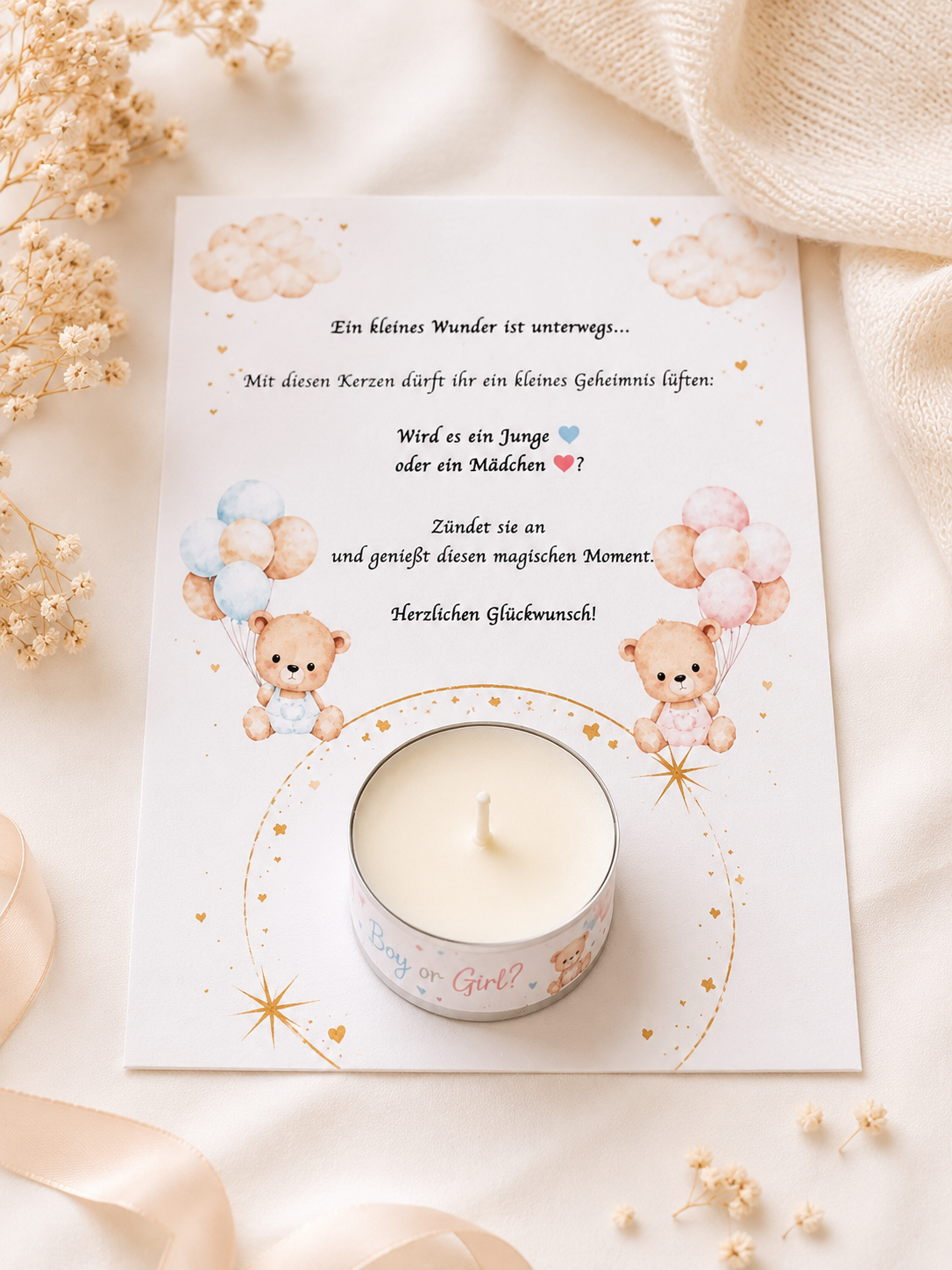 Gender Reveal Kerze mit Karte – Boy or Girl?