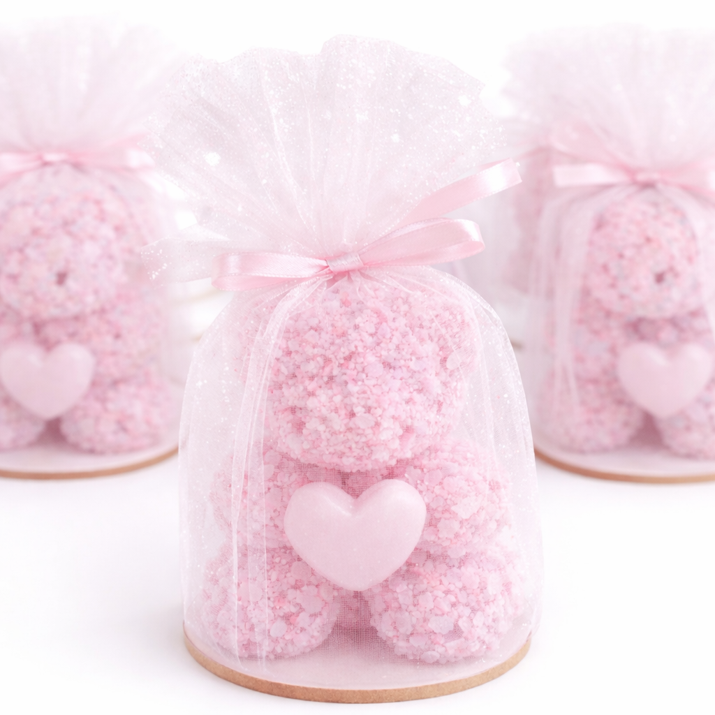 Rosa Baby Gastgeschenk in Organza Beutel mit Herzmotiv, ideales Geschenk zur Geburt eines Mädchens oder Taufe