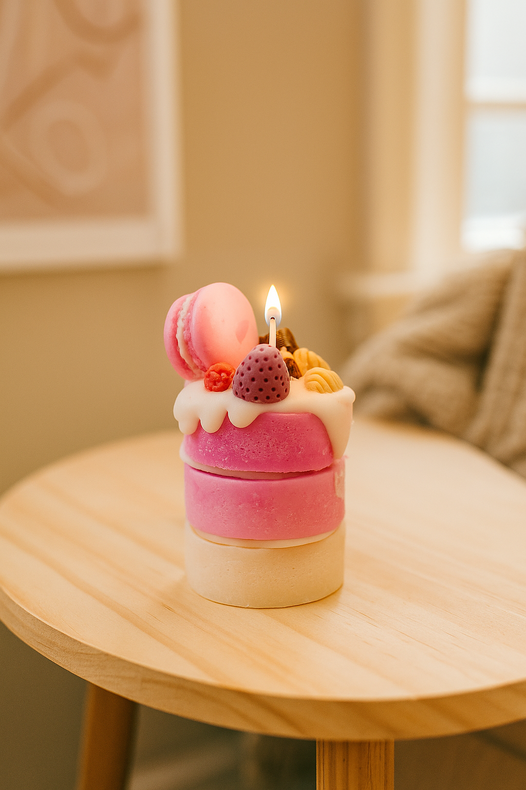 Rosa Dessert Kerze im Eis Design als dekorative Kerze auf Tisch im Wohnzimmer, süße Geschenkidee für besondere Anlässe