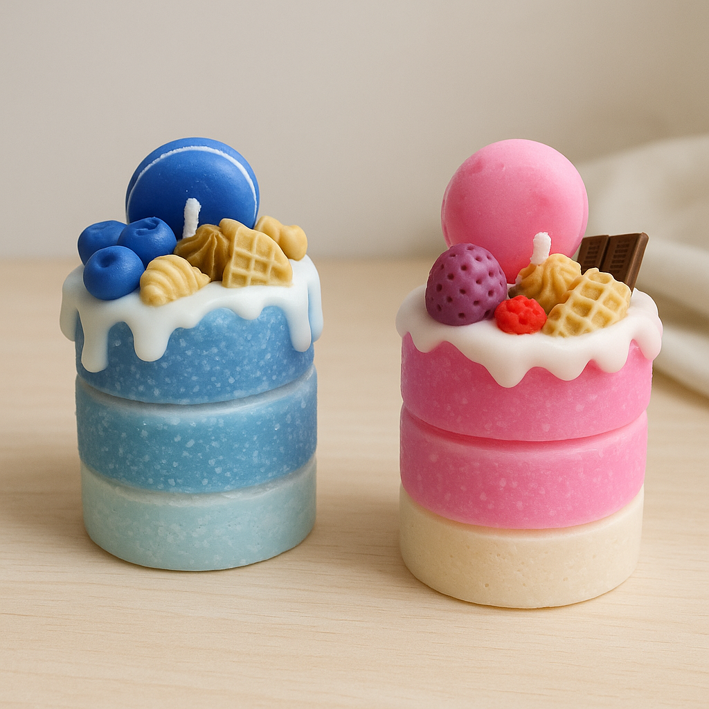 Dessert Kerzen im Eis Design in Blau und Rosa als dekorative Duftkerzen, süße Geschenkidee für Zuhause