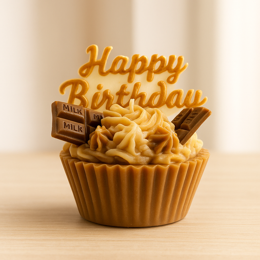 Cupcake Kerze mit Happy Birthday Schriftzug als kreative Geburtstagskerze, süße Geschenkidee für besondere Anlässe