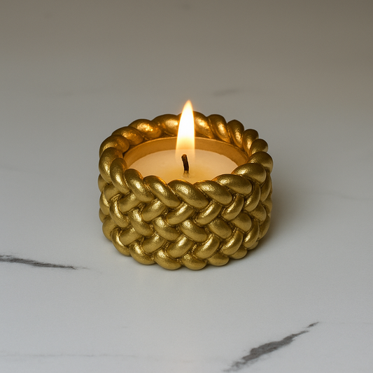 Goldene Kerze im geflochtenen Design, elegante Deko Kerze als Geschenk oder für stilvolle Wohnraumdekoration